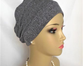 3-Seam Speckled Gray Ribbed Rayon Jersey Knit Turban Chemo Headwear, Cancer Patient Hair Covering, Tichel Mitpachat Cap. Alopecia Head Wear