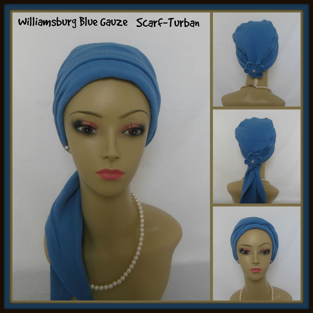 Gauze Scarf Turban Williamsburg Blue Volumizer Chemo Headwear, Cancer