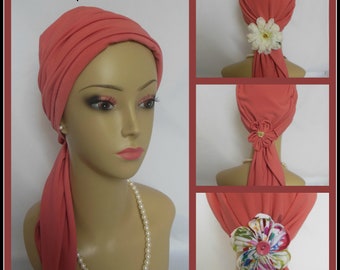 Scarf Turban: Coral Satin 14" Tie, Jersey Volumizer Chemo Headwear, Cancer Patient Hat Hair Cover, Tichel & Mitpachat, Alopecia  Head Wrap