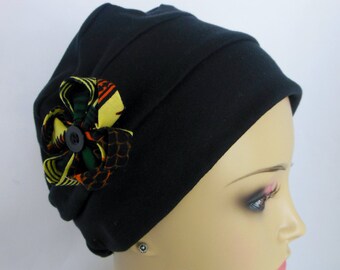 Black 3-Seam Turban Cap Interlocking Cotton Knit Chemo Headwear