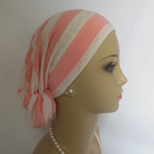 Hair Snood Peaches & Cream Stripe Turban Volumizer Chemo Headwear, Alopecia Scarf, Cancer Patient Hat, Tichel Mitpachat, Beach Hair Cover