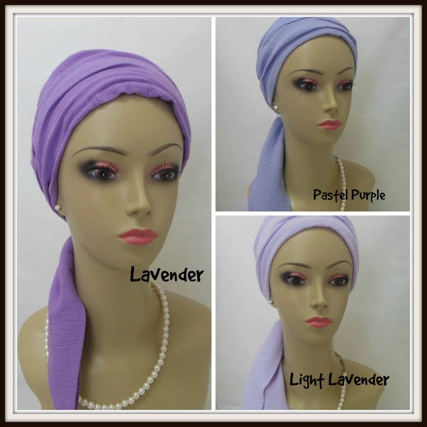 Scarf Turbans Lavender, Gauze Volumizer Chemo Headwear, Cancer Patient Hat, Hair Covering, Tichel Mitpachat Head Wrap, Beach Snood