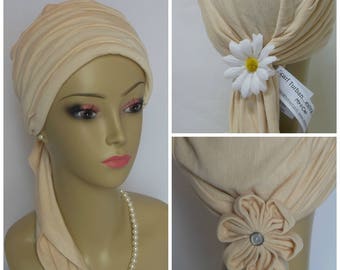 Jersey  French Vanilla Scarf Turban, Cancer Patient Hat 15"Ties, Head Covering, Tichel Mitpachat, Volumizer Alopecia  Chemo Headwear,