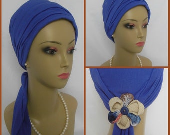 Jersey Scarf Turban Periwinkle 17"Ties, Volumizer Chemo Headwear, Jersey Knit Cancer Patient Hat, Alopecia Hair Covering, Tichel Mitpachat