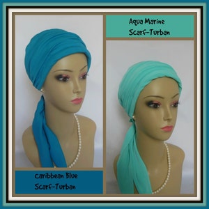 Jersey Scarf Turban Satin Tropical Blue Aqua, Volumizer Chemo Headwear, Cancer Patient Hat, Alopecia Head Cover, Tichel Mitpachat,Beach Cap
