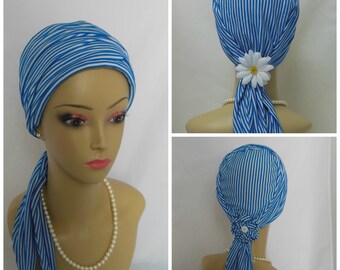 Jersey Scarf Turban: Royal Blue & White  Mini Stripes Volumizer Chemo Headwear, Cancer patient Hat, Alopecia head Covering, Tichel Head Wrap