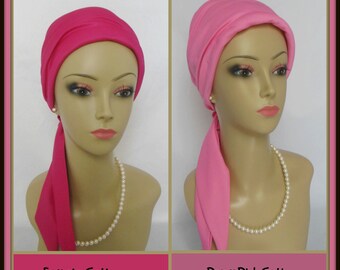 Satin Scarf Turban Fuchsia Pink, Jersey Volumizer Chemo Headwear, Cancer Patient Hat. Alopecia  Hair Cover, Tichel Mitpachat Head Wrap