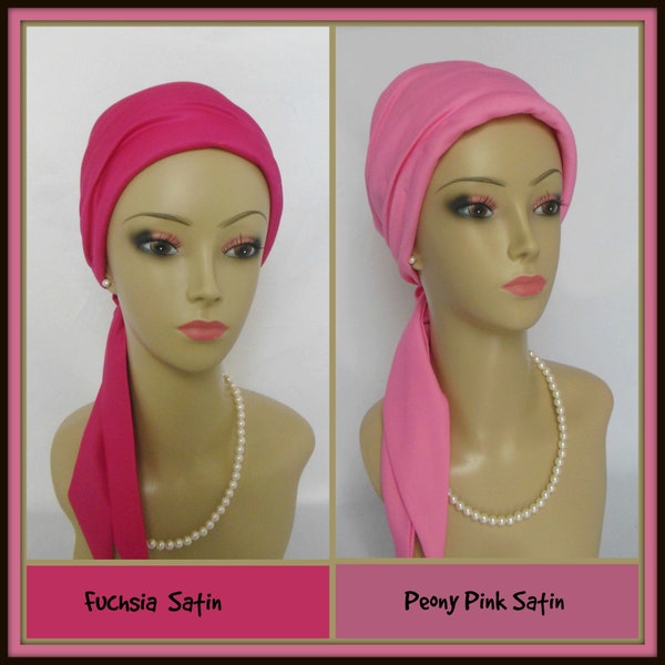 Foulard Satin Turban Fuchsia Rose, Jersey Volumizer Chemo Headwear, Cancer Patient Hat. Couverture capillaire alopécie, Tichel Mitpachat Head Wrap