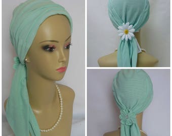 Jersey Scarf Turban Sea Green 15"Ties, Volumizer Chemo Headwear Cover, Alopecia Head Cover, Cancer Patient Hat, Tichel, Beach Cap