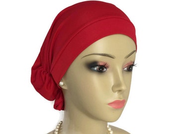 Hair Snood Satin Jersey Turban Red Chemo Volumizer Headwear, Cancer Patient Hat Gift, Alopecia Head Wear, Tichel Hair Cover, Beach Cap  Med