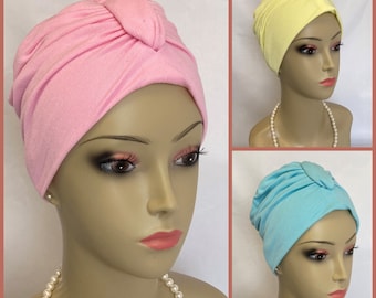 Spring Color Front Knotted Jersey Turban  Chemo Sleep Headwear, Cancer Patient Hat, Hair Covering, Tichel Mitpachat Head Wrap, Yoga Turban