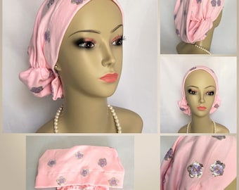 Sequins on Pink Cotton Jersey Hair Snood Turban, Volumizer Chemo Headwear, Cancer Patient Hat,Alopecia Hair Cover,Tichel Head Wrap, Large-XL