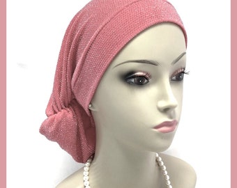 Metallic Hair Snood Koralle oder Silber, Chemo Headwear, Reg-XL