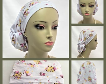 Hair Snood Vintage Flower Nosegay on Linen Design Jersey Turban