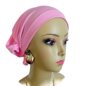 Hair Snoods,Silver or Pink Satin Jersey Turban,Volumizer Chemo Headwear,Cancer Patient Hat, Alopecia Hair Cover, Tichel Head Wrap, Beach Cap