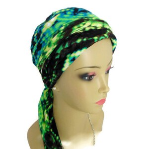 Jeresy Scarf Turban Splattering Of Blue Green White Bling | Chemo Volumizer Headwear |19&quot; Ties Head Wear | Tichel & Mitpachat Head Covering