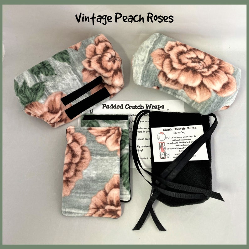 Pink Peonies Fleece Crutch Pads, Plush Peach Roses Fleece Crutch Wraps Peach Rose