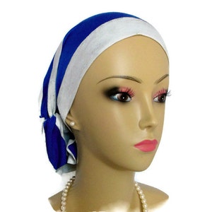 Hair Snood Cobalt Blue Light Gray Wide Stripe Jersey Knit Turban Volumizer Chemo Headwear, Cancer Patient Hat, Hair Covering, Tichel  Reg-XL