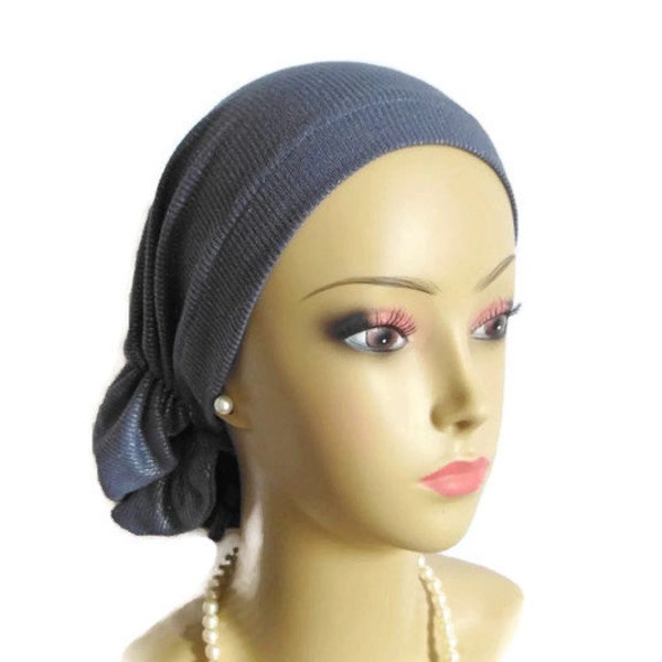 Hair Snood Metallic Silver Blue Gray Jersey Turban | Bling Volumizer Chemo Headwear | Cancer Patient Hat |  Tichel & Mitpachat Hair Covering