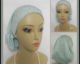 Satin Hair Snood Turban Light Blue Paisley Extra Longitud & Cap Lock, Volumizer Chemo Headwear, Cubierta de cabeza de paciente con cáncer, Bufanda de gorra de alopecia,