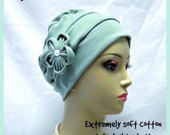 3-Seam Sage Green Cotton Jersey Turban Chemo Headwear,  Adult Cancer Patient Hair Cover