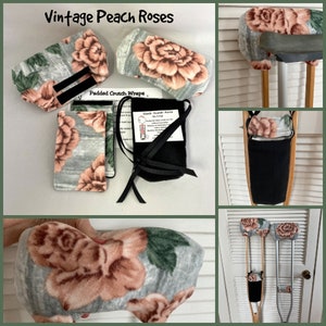 Pink Peonies Fleece Crutch Pads, Plush Peach Roses Fleece Crutch Wraps image 6