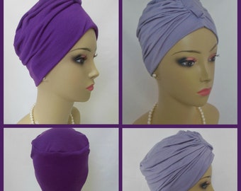 Front Knotted Jersey Turban Purple Lavender Chemo Sleep Cap Headwear, Alopecia Hat Cancer Patient Hat, Tichel Head Wrap, Yoga Cap Sm-Med