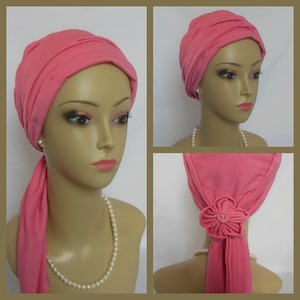 Scarf Turban: Deep Rose 14 Ties, Jersey Volumizer Chemo Headwear, Cancer Patient Hat,Alopecia Hair Cover, Tichel & Mitpachat Head Wrap image 1