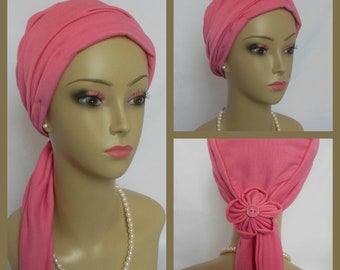 Scarf Turban: Deep Rose  14" Ties,| Jersey Volumizer Chemo Headwear,| Cancer Patient Hat,Alopecia  Hair Cover, Tichel & Mitpachat Head Wrap