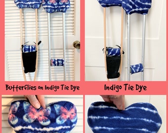 Butterfly Indigo Tie Dye Fleece Crutch Pads,Washable Bounce Back Padding Crutch Cover, Crutch Tote Bag,Toe Warmer Bootie, Stops Arm Pit Pain