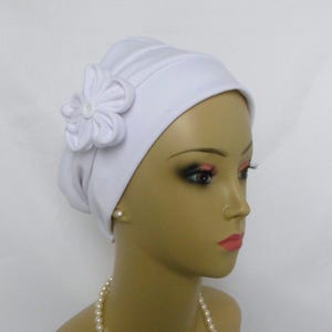 White Interlocking Knit Satin 3-seam Turban Cap  Chemo Headwear