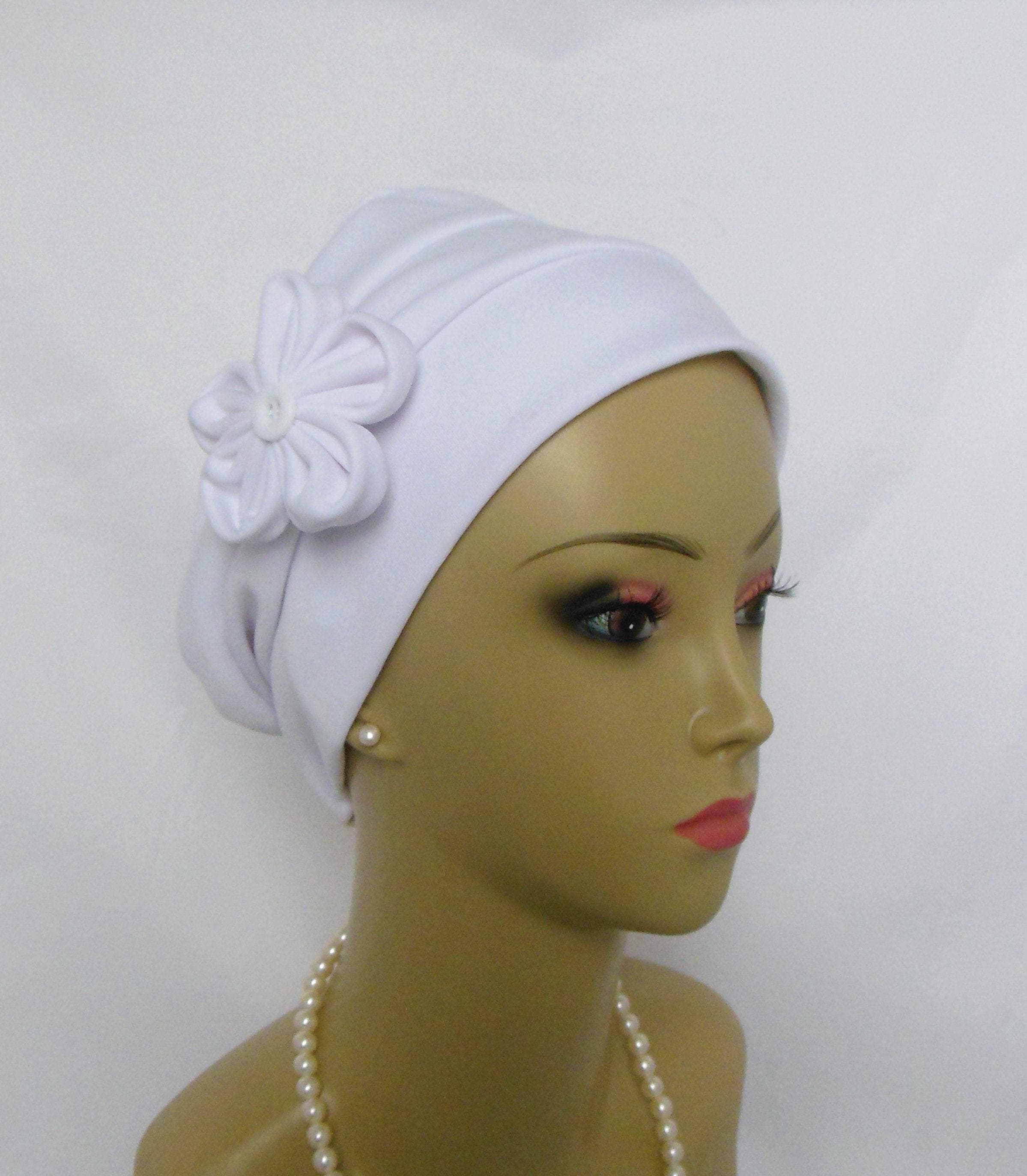 White Interlocking Knit Satin 3-seam Turban Cap  Chemo Headwear