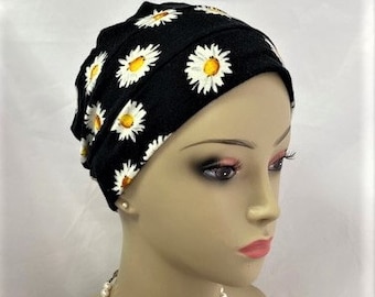 Daisies On Black 3-seam Knit Turban Chemo Headwear, Cancer Patient Hair Cover, Tichel Mitpachat Cap, Alopecia, Beach Hat