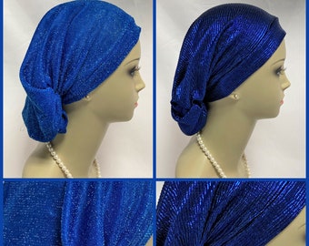 Metallic Royal Blue Hair Snood, Bling StretchyTurban, Volumizer Chemo Headwear, Cancer Patient Hat, Tichel Hair Covering Reg- Extra Large