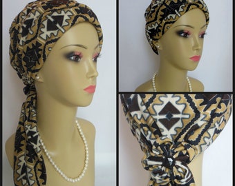 Black Aztec On Taupe Jersey Scarf Turban 15" Ties, Volumizer Chemo Headwear, Jersey Knit Cancer Patient Hat, Winter Tichel, Mitpachat  Cover