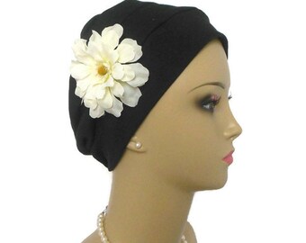 3-seam Turban Cap White Black Interlocking Cotton Knit Chemo Headwear,  Med  Large