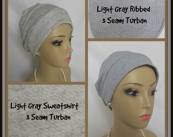 3-Seam Silver Gray Cotton Knit Turbans ,  Adult Chemo Headwear, Warm Cancer Patient Hair Covering, Tichel Mitpachat Hat, Beach Cap 20-23"