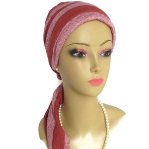 Burnt Heather Orange Stripe Jersey Scarf Turban,19&quot;Ties Volumizer Chemo Headwear, Cancer Patient Hat, Alopecia Hair Cover, Tichel Head Wrap