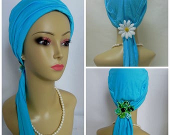 Scarf Turban: Robin Egg Blue 16" Ties,  Soft Jersey Volumizer Chemo Headwear, Jersey Knit Cancer Patient Hat, Tichel, Alopecia Head Covering