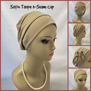 Satin Jersey Pillbox Turban, Dressy Chemo Headwear, Cancer Patient Hair Cover Gift, Tichel Mitpachat Hat, Alopecia Cap, Wedding head Wear Taupe