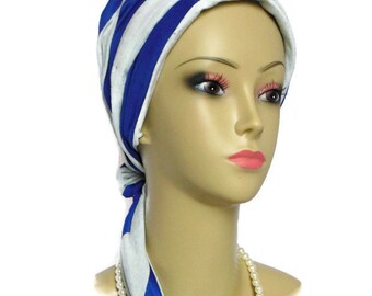 Jersey Scarf Turban: Wide Cabalt Blue & Gray Stripes 15" Long Ties Volumizer Chemo Headwear, Cancer Patient Hat, Alopecia Head Wear, Tichel