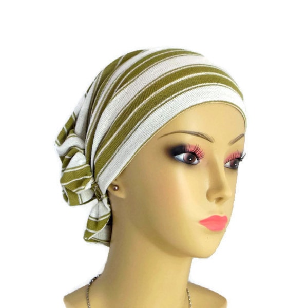 Hair Snood Olive Cream Striped  Turban, Volumizer Chemo Headwear, Cancer Patient Hat, Hair Covering, Tichel Mitpachat, Beach Cap