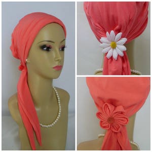 Jersey Scarf Turban Australian Coral Volumizer Chemo Headwear Ties 15&quot;, Jersey Knit Cancer Patient Hat, Hair Covering, Tichel  Mitpachat Cap