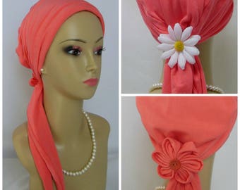 Jersey Scarf Turban Australian Coral Volumizer Chemo Headwear Ties 15", Jersey Knit Cancer Patient Hat, Hair Covering, Tichel  Mitpachat Cap