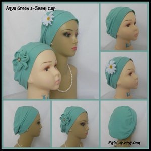 3-Seam Aqua Green Jersey Turban Lightweight Chemo Headwear, Child Adult Cancer Patient Hair Cover, Tichel Mitpachat Cap, Alopecia Beach Cap