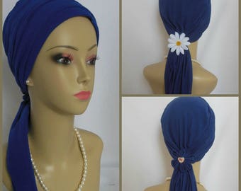 Navy Blue Jersey Scarf Turban 14" Ties, Volumizer Chemo Headwear, Cancer Patient Hat, Alopecia Head Cover, Tichel Mitpachat,Chemo Hat Gift