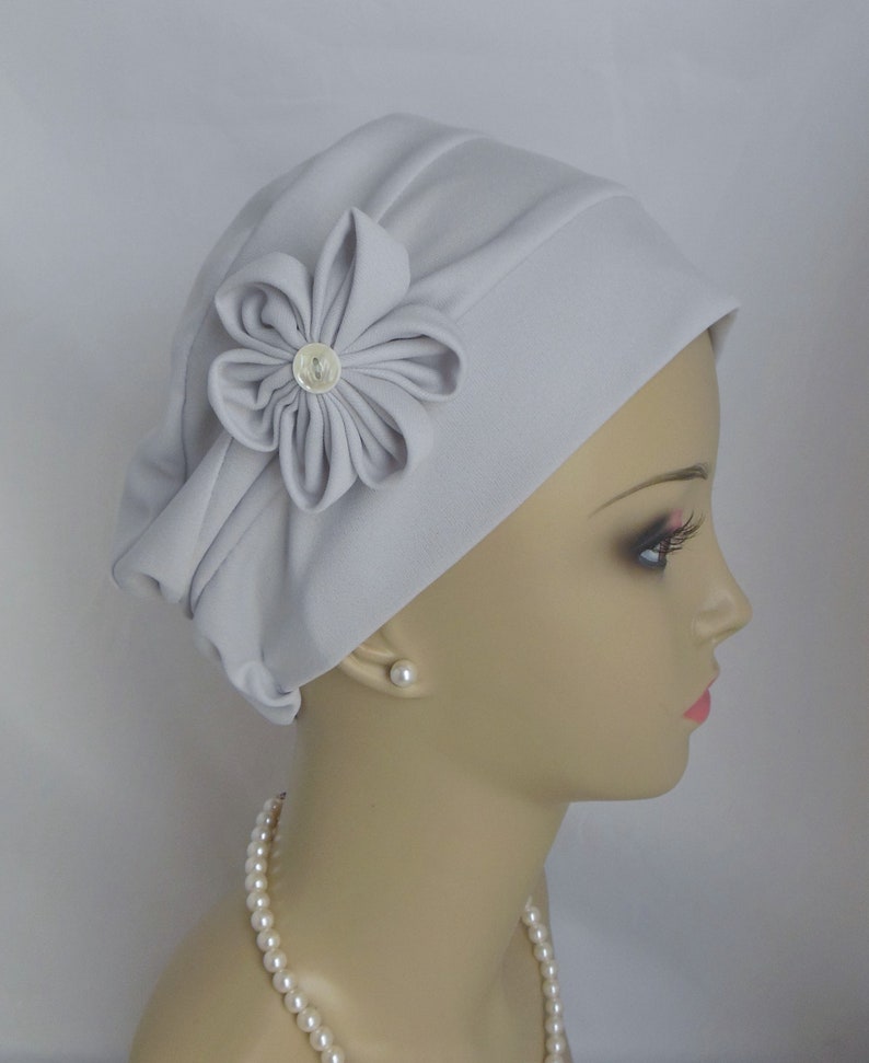 Satin Jersey Pillbox Turban, Dressy Chemo Headwear, Cancer Patient Hair Cover Gift, Tichel Mitpachat Hat, Alopecia Cap, Wedding head Wear Sliver Gray