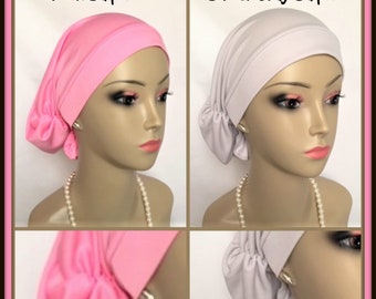 Hair Snoods,Silver or Pink Satin Jersey Turban,Volumizer Chemo Headwear,Cancer Patient Hat, Alopecia Hair Cover, Tichel Head Wrap, Beach Cap