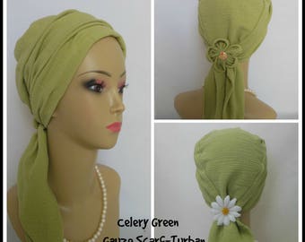 Gauze Scarf Turban Celery Green Volumizer Chemo Headwear Cancer Patient Hat 15" Ties, Hair Cover, Tichel & Mitpachat Head Wrap, Beach Snood