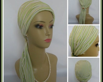 Lime Green White Gold Stripe Turban Scarf Jersey Volumizer Chemo Headwear Cover, Tichel Mitpachat Head Wrap, Cancer Patient Hat, Beach Cap